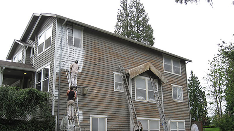 Painters on ladders painting house exterior