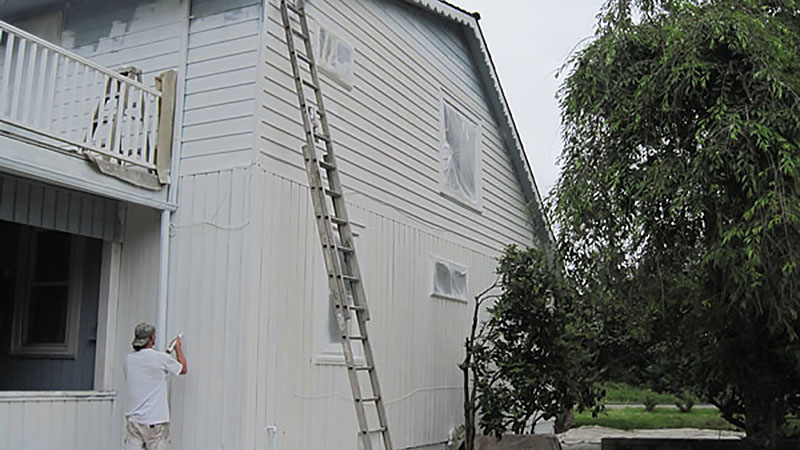 Person painting house exterior white with ladder